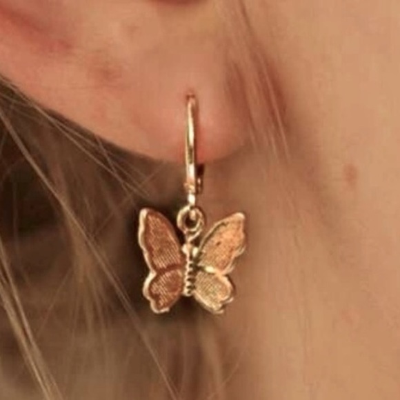 Dainty Gold Butterfly Dangle Earrings - Picture 2 of 2